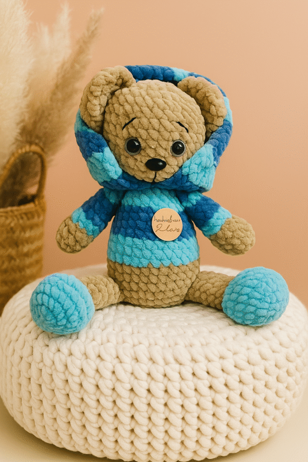 Handmade Striped Plush Bear in Blue Hoodie